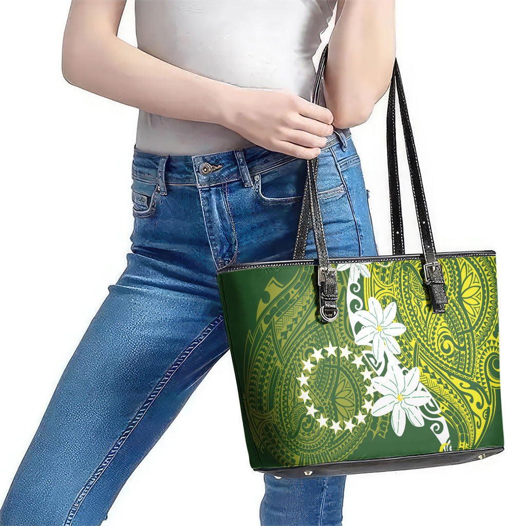 Cook Islands Maori Language Week Leather Tote Bag Tiare Maori Kuki Airani Green Pattern LT22 - Polynesian Pride