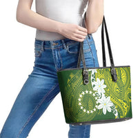 Cook Islands Maori Language Week Leather Tote Bag Tiare Maori Kuki Airani Green Pattern LT22 - Polynesian Pride