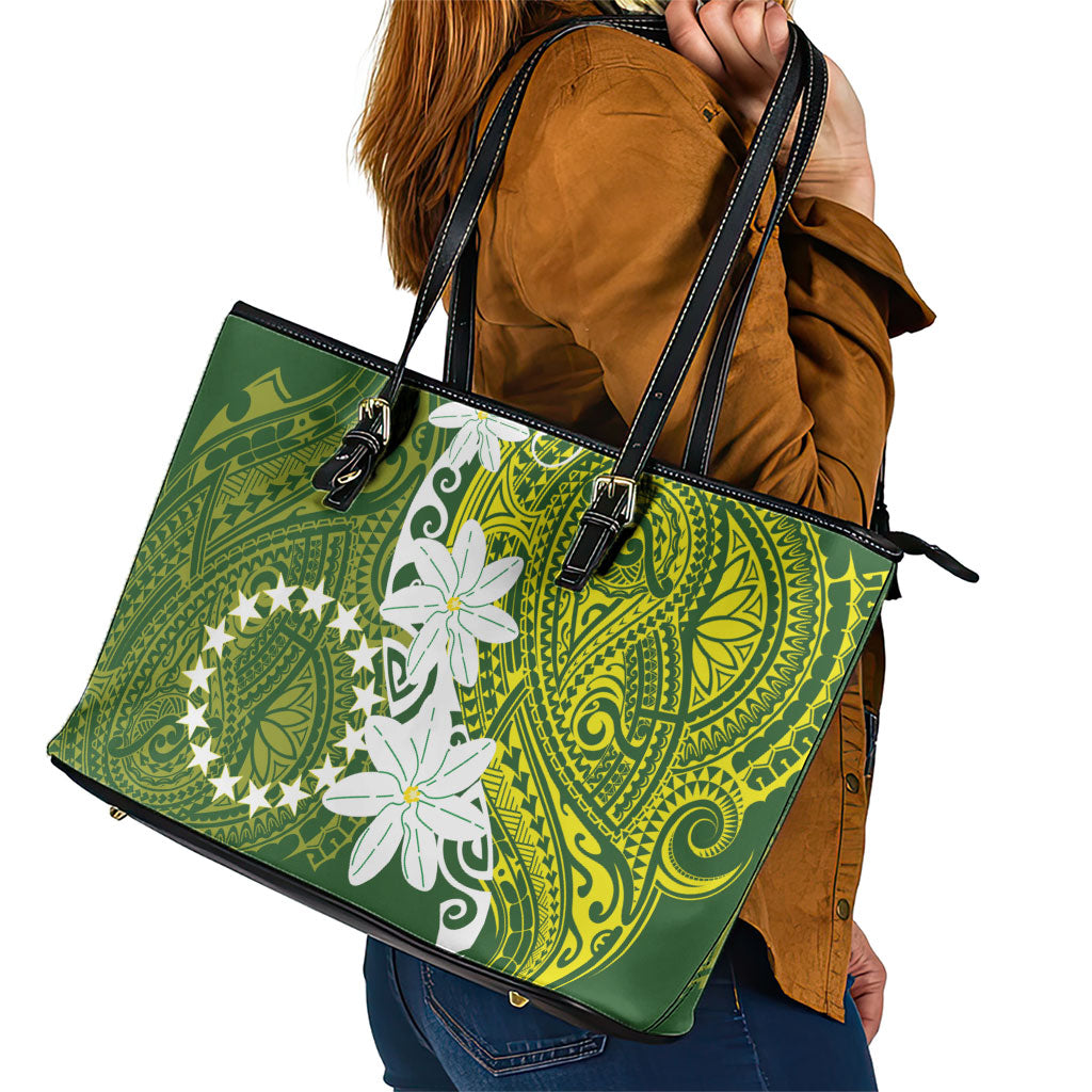 Cook Islands Maori Language Week Leather Tote Bag Tiare Maori Kuki Airani Green Pattern LT22 - Polynesian Pride