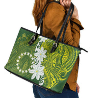 Cook Islands Maori Language Week Leather Tote Bag Tiare Maori Kuki Airani Green Pattern LT22 - Polynesian Pride