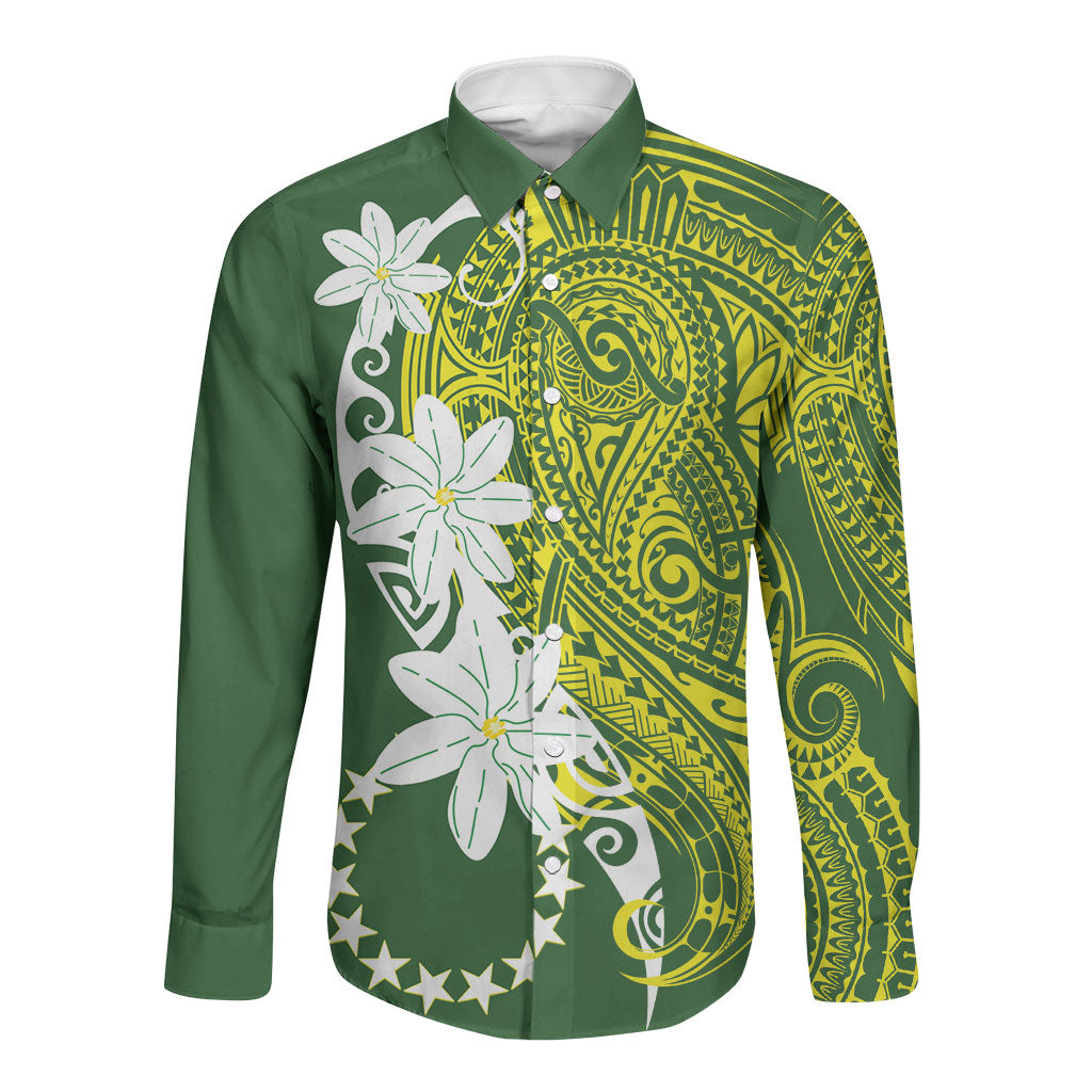 Cook Islands Maori Language Week Long Sleeve Button Shirt Tiare Maori Kuki Airani Green Pattern LT22 Unisex Green - Polynesian Pride