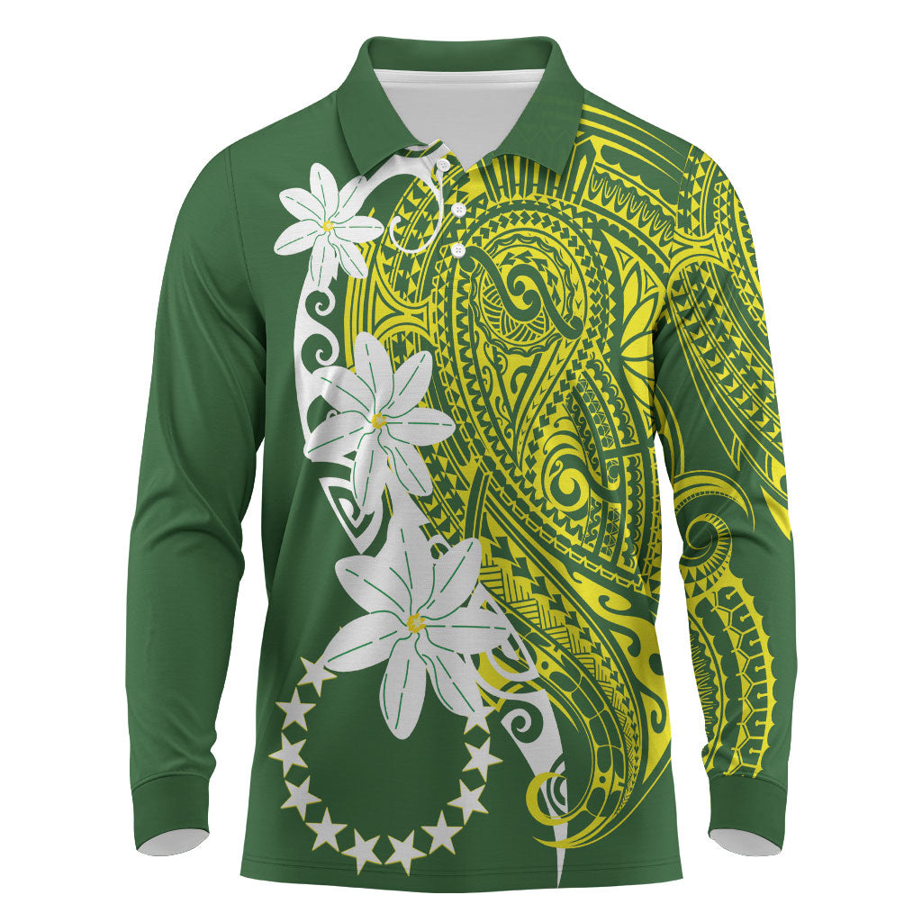 Cook Islands Maori Language Week Long Sleeve Polo Shirt Tiare Maori Kuki Airani Green Pattern LT22 Green - Polynesian Pride