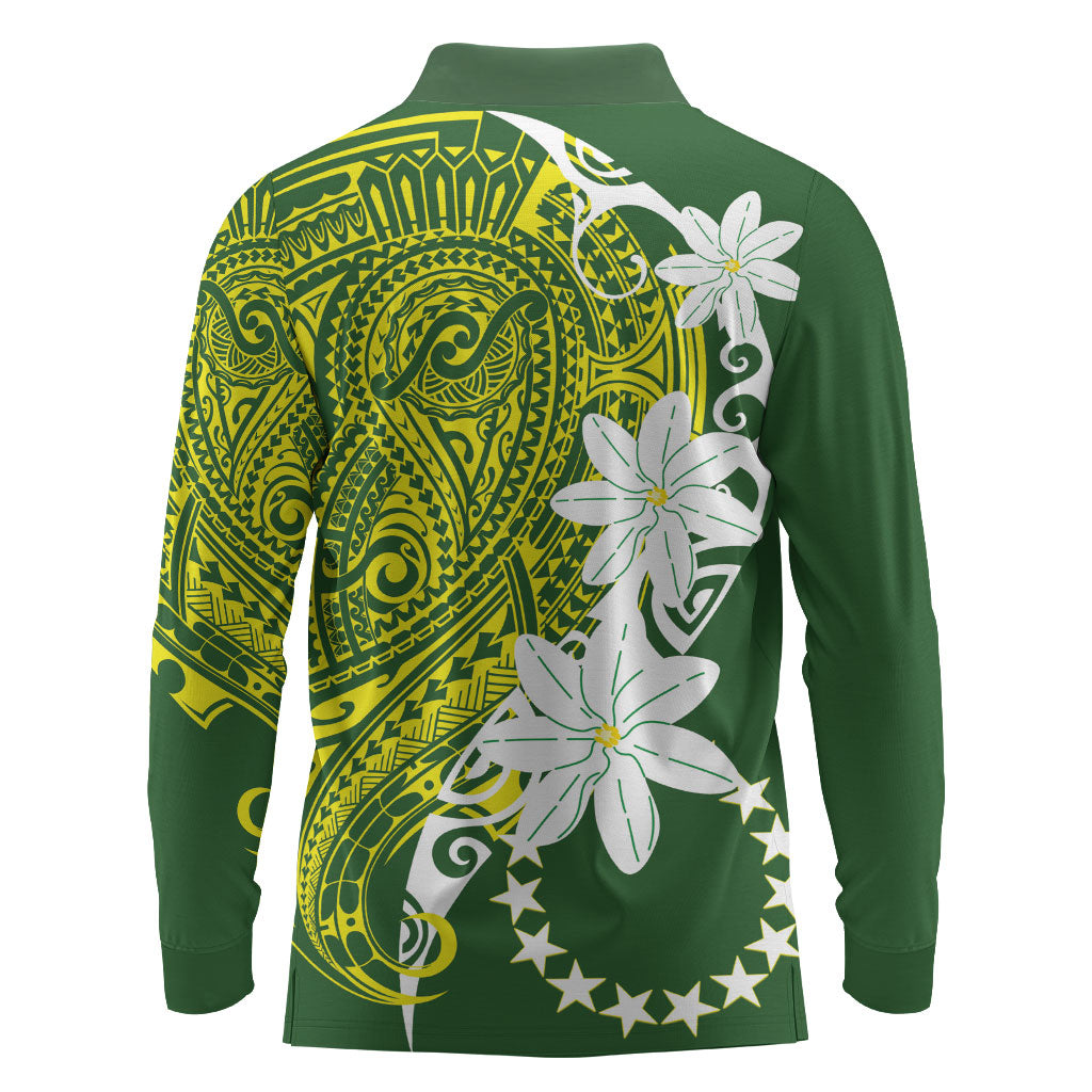 Cook Islands Maori Language Week Long Sleeve Polo Shirt Tiare Maori Kuki Airani Green Pattern LT22 - Polynesian Pride