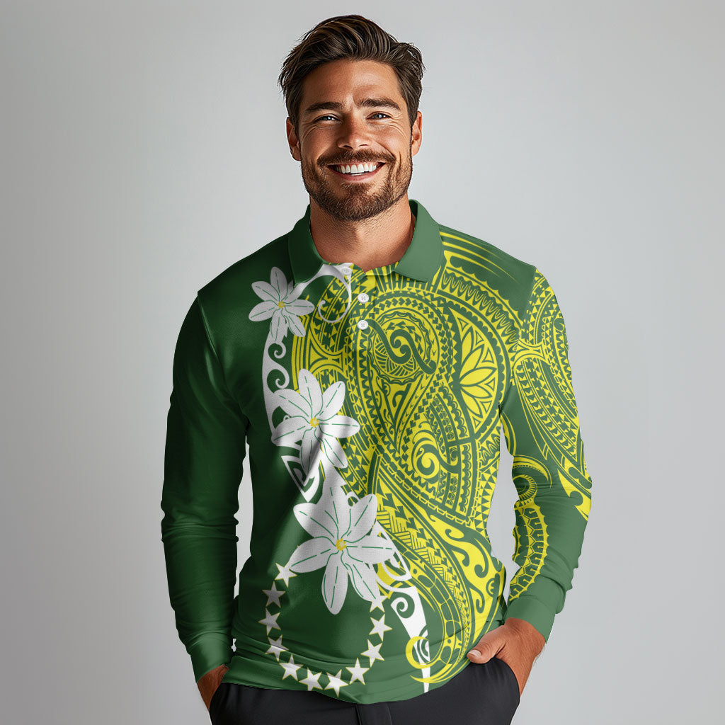 Cook Islands Maori Language Week Long Sleeve Polo Shirt Tiare Maori Kuki Airani Green Pattern LT22 - Polynesian Pride