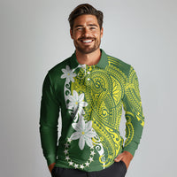 Cook Islands Maori Language Week Long Sleeve Polo Shirt Tiare Maori Kuki Airani Green Pattern LT22 - Polynesian Pride
