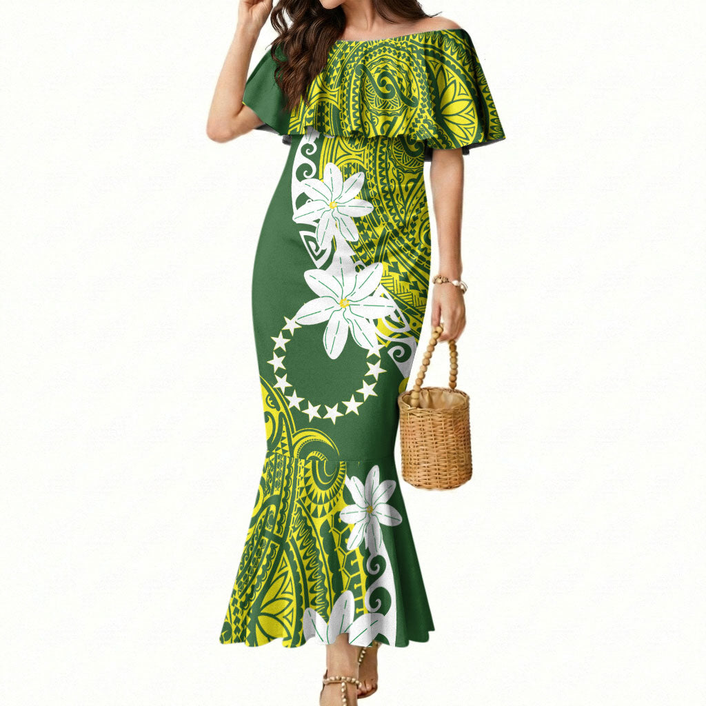 Cook Islands Maori Language Week Mermaid Dress Tiare Maori Kuki Airani Green Pattern LT22 Women Green - Polynesian Pride