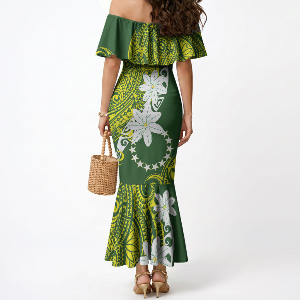 Cook Islands Maori Language Week Mermaid Dress Tiare Maori Kuki Airani Green Pattern LT22 - Polynesian Pride