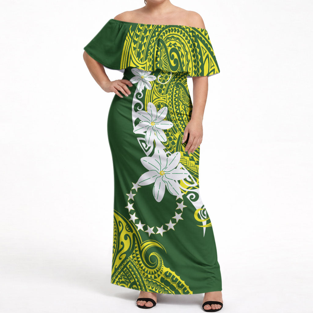 Cook Islands Maori Language Week Off Shoulder Maxi Dress Tiare Maori Kuki Airani Green Pattern LT22 Women Green - Polynesian Pride