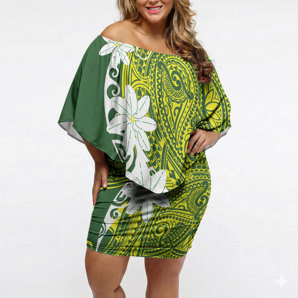 Cook Islands Maori Language Week Off Shoulder Short Dress Tiare Maori Kuki Airani Green Pattern LT22 Women Green - Polynesian Pride