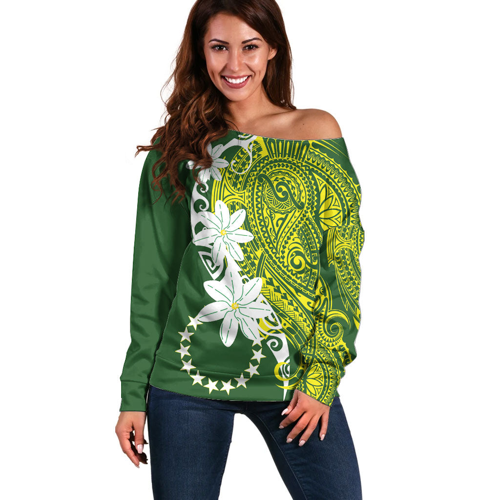 Cook Islands Maori Language Week Off Shoulder Sweater Tiare Maori Kuki Airani Green Pattern LT22 Women Green - Polynesian Pride
