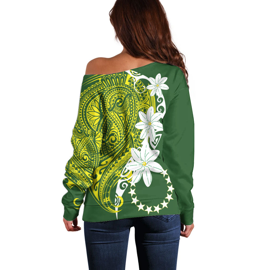Cook Islands Maori Language Week Off Shoulder Sweater Tiare Maori Kuki Airani Green Pattern LT22 - Polynesian Pride