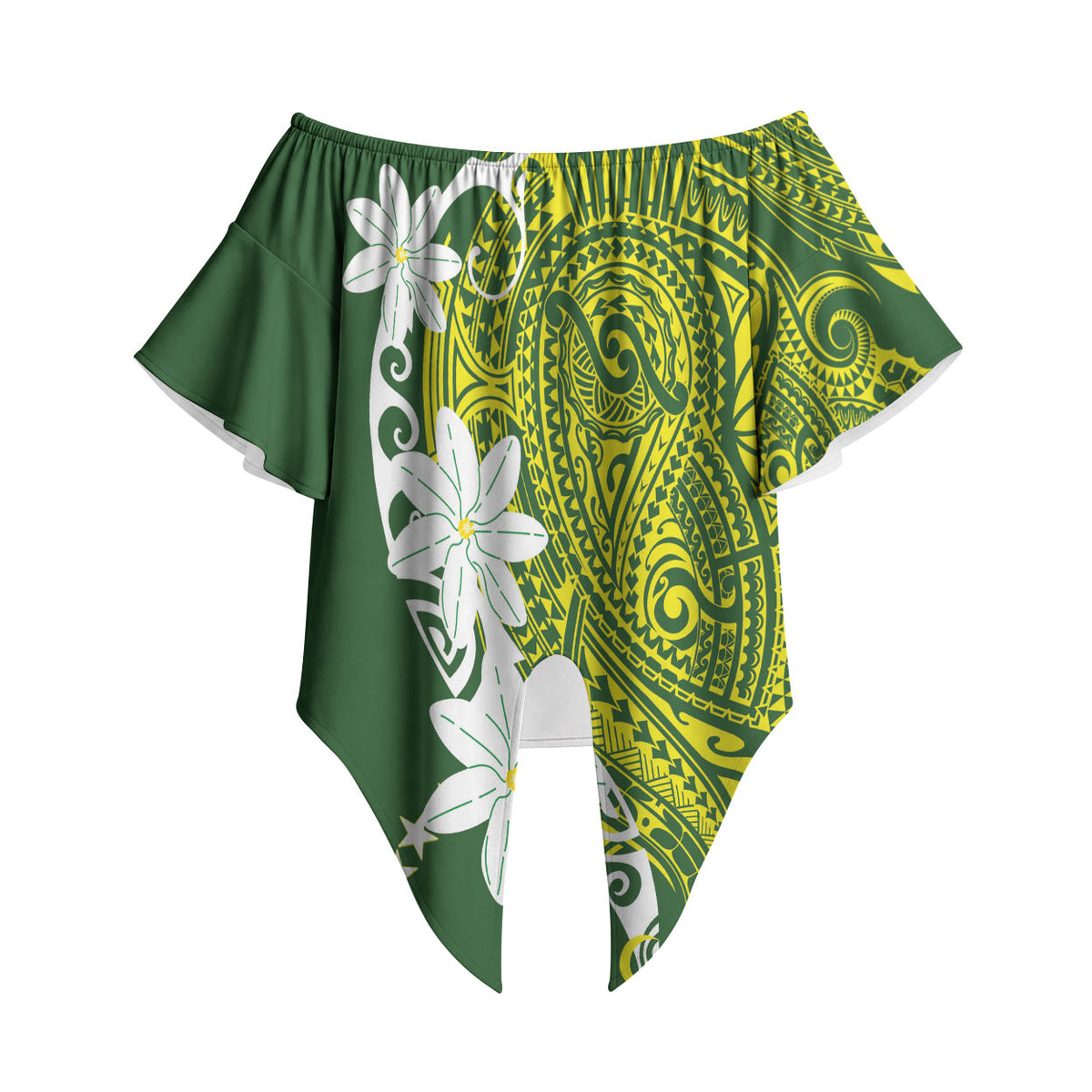 Cook Islands Maori Language Week Off Shoulder Wrap Waist Top Tiare Maori Kuki Airani Green Pattern LT22 Green - Polynesian Pride