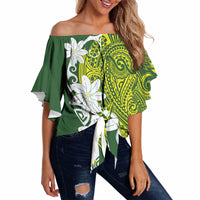 Cook Islands Maori Language Week Off Shoulder Wrap Waist Top Tiare Maori Kuki Airani Green Pattern LT22 - Polynesian Pride