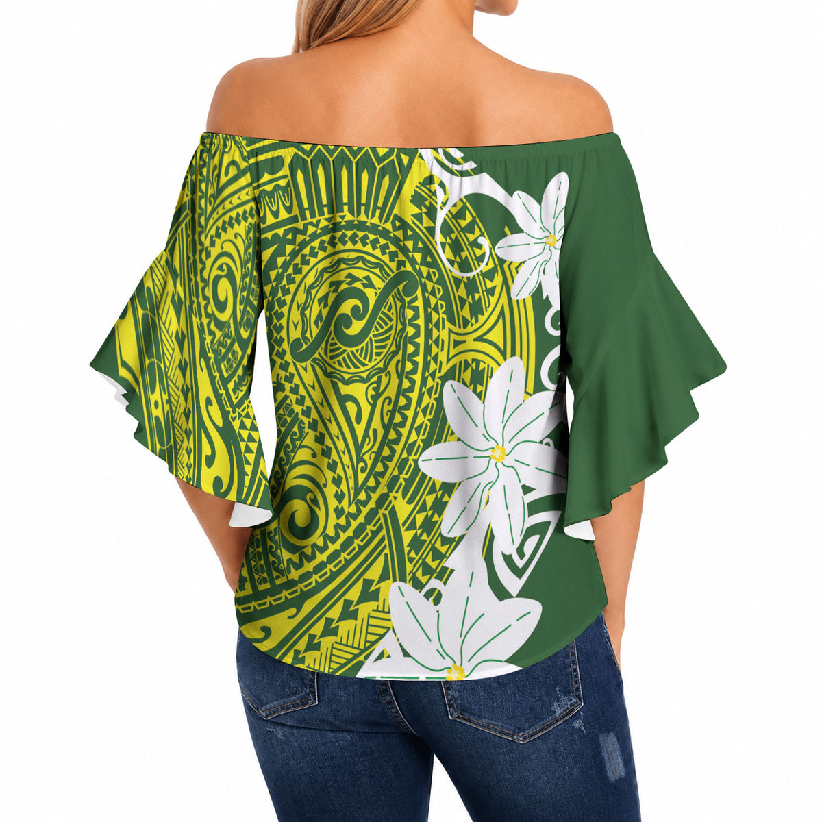 Cook Islands Maori Language Week Off Shoulder Wrap Waist Top Tiare Maori Kuki Airani Green Pattern LT22 - Polynesian Pride