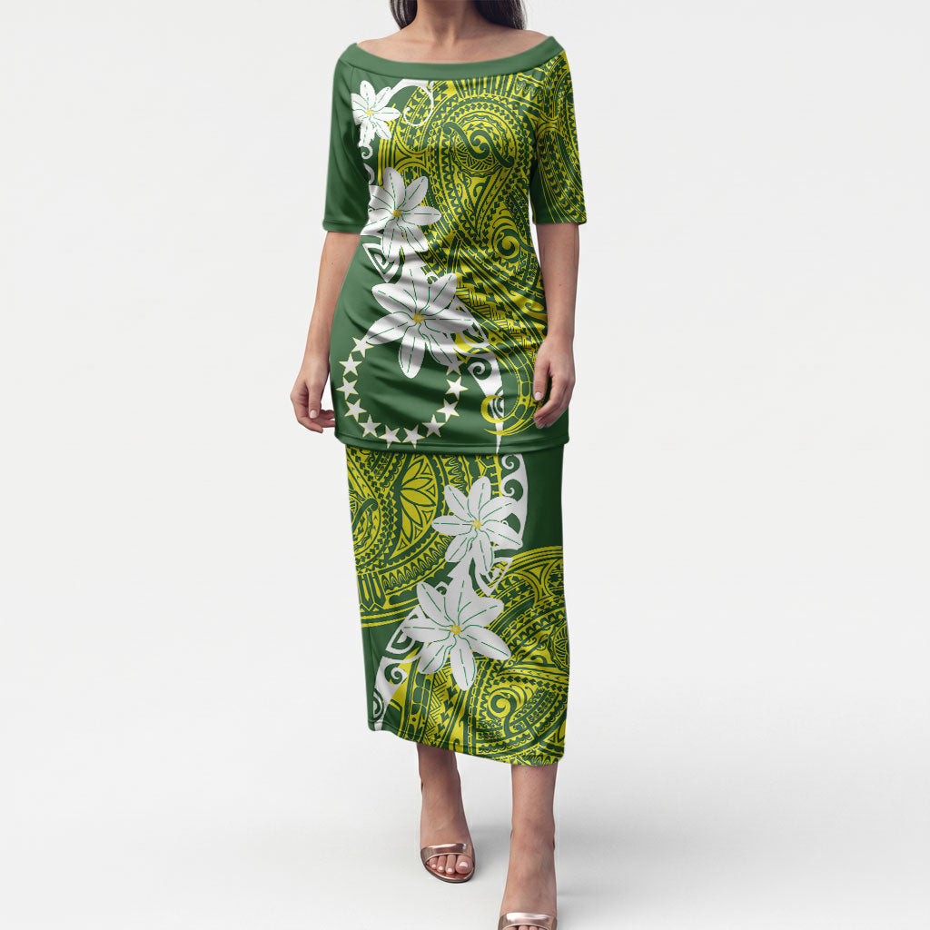 Cook Islands Maori Language Week Puletasi Tiare Maori Kuki Airani Green Pattern LT22 Long Dress Green - Polynesian Pride