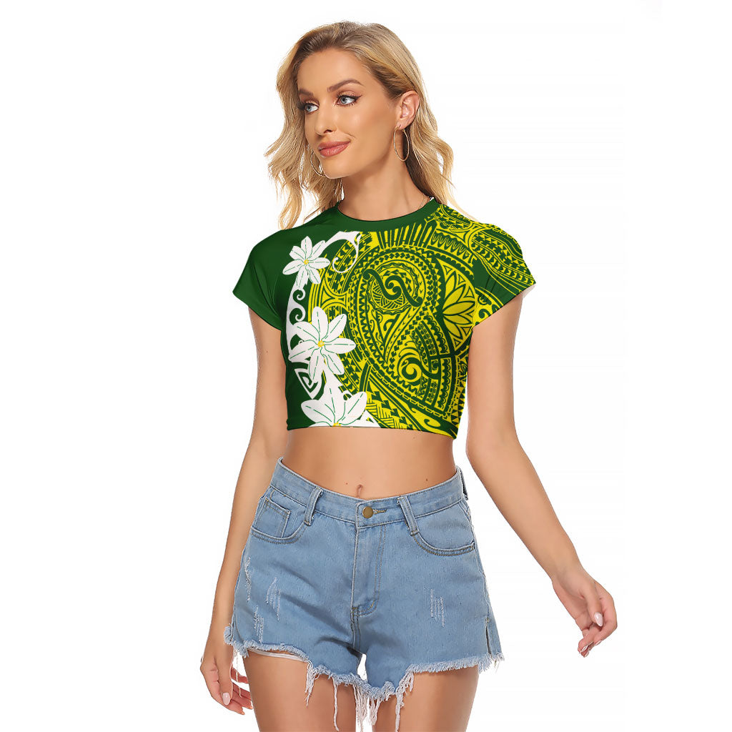Cook Islands Maori Language Week Raglan Cropped T Shirt Tiare Maori Kuki Airani Green Pattern LT22 Female Green - Polynesian Pride