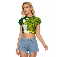 Cook Islands Maori Language Week Raglan Cropped T Shirt Tiare Maori Kuki Airani Green Pattern LT22 Female Green - Polynesian Pride