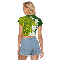 Cook Islands Maori Language Week Raglan Cropped T Shirt Tiare Maori Kuki Airani Green Pattern LT22 - Polynesian Pride