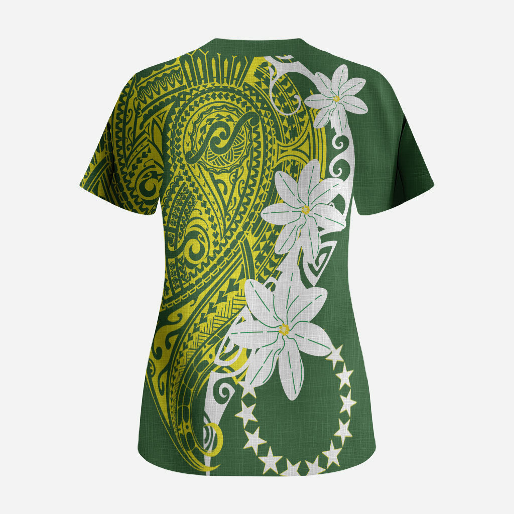 Cook Islands Maori Language Week Scrub Top Tiare Maori Kuki Airani Green Pattern LT22 - Polynesian Pride