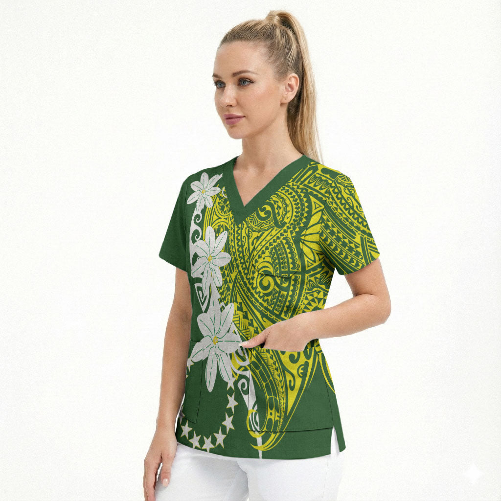 Cook Islands Maori Language Week Scrub Top Tiare Maori Kuki Airani Green Pattern LT22 - Polynesian Pride
