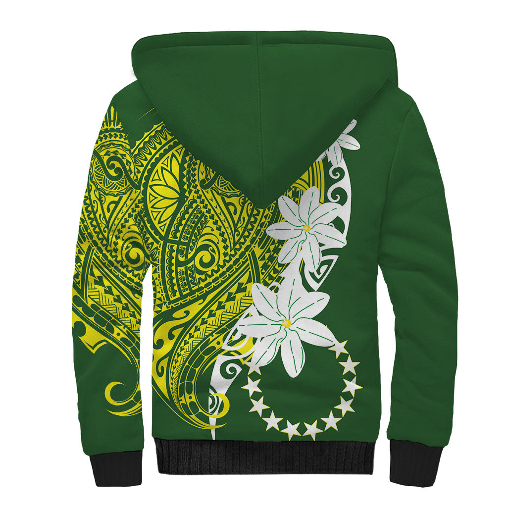 Cook Islands Maori Language Week Sherpa Hoodie Tiare Maori Kuki Airani Green Pattern LT22 - Polynesian Pride