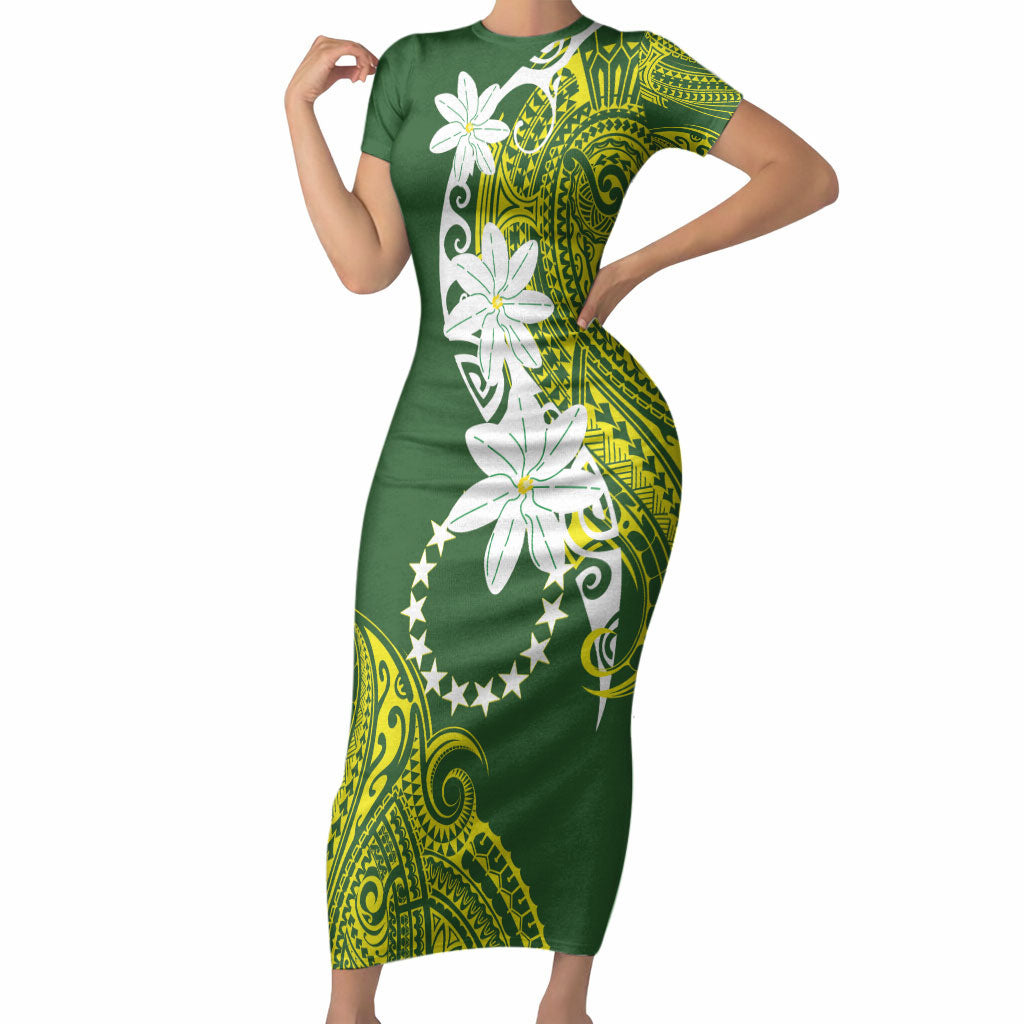 Cook Islands Maori Language Week Short Sleeve Bodycon Dress Tiare Maori Kuki Airani Green Pattern LT22 Long Dress Green - Polynesian Pride