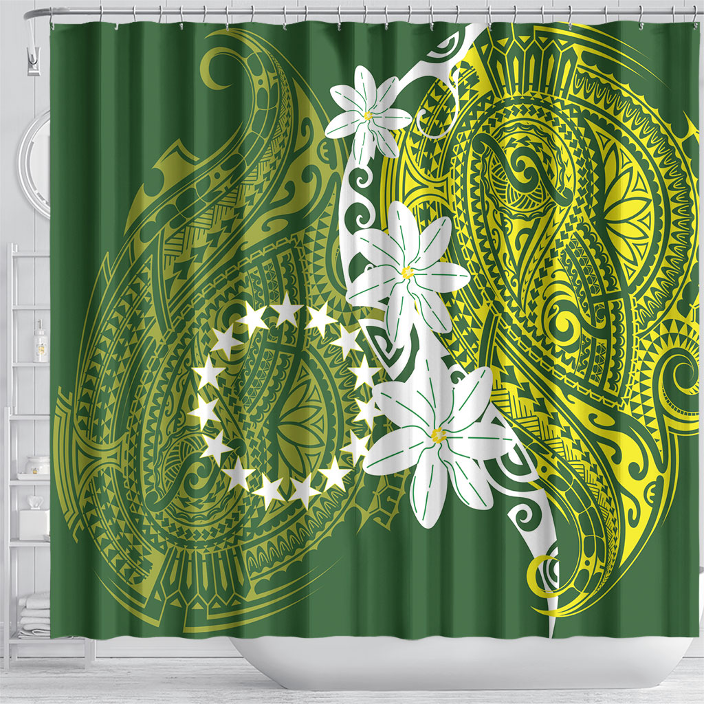 Cook Islands Maori Language Week Shower Curtain Tiare Maori Kuki Airani Green Pattern LT22 - Polynesian Pride