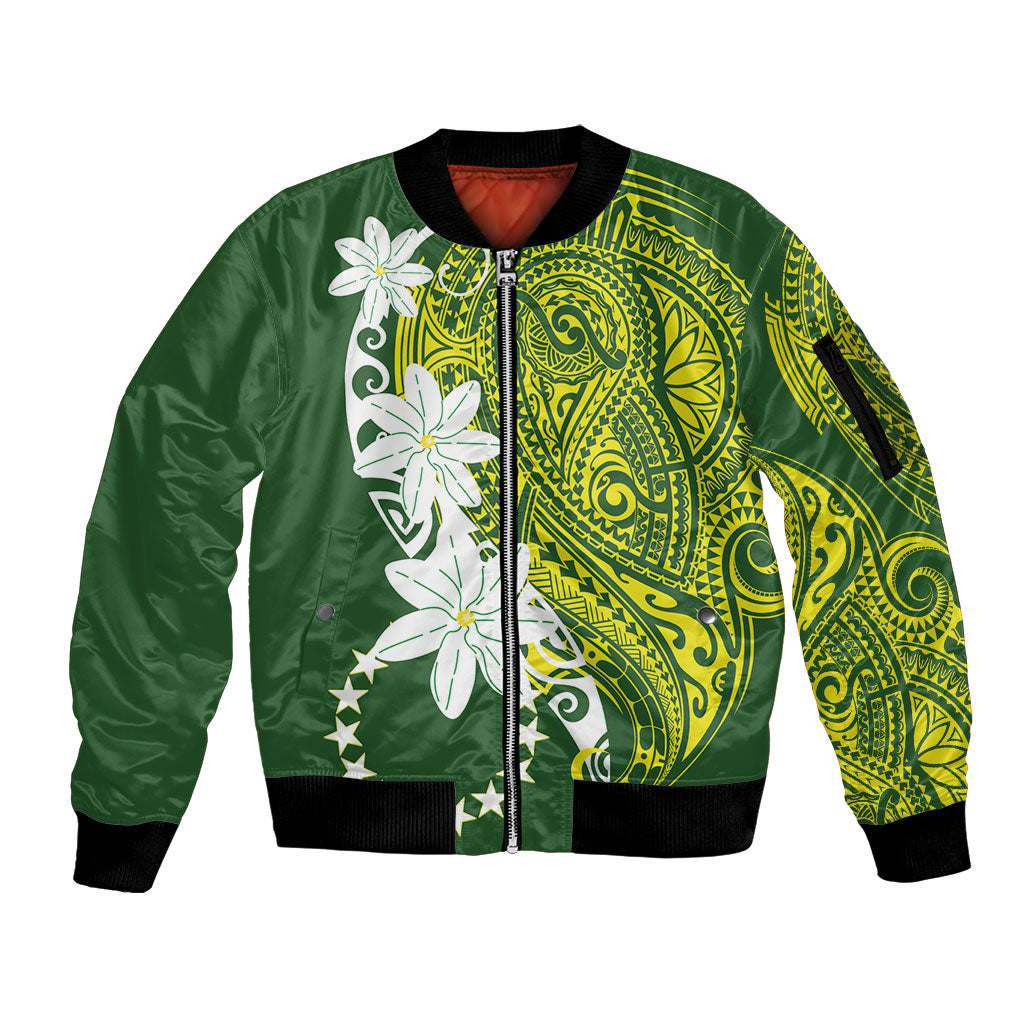 Cook Islands Maori Language Week Sleeve Zip Bomber Jacket Tiare Maori Kuki Airani Green Pattern LT22 Unisex Green - Polynesian Pride
