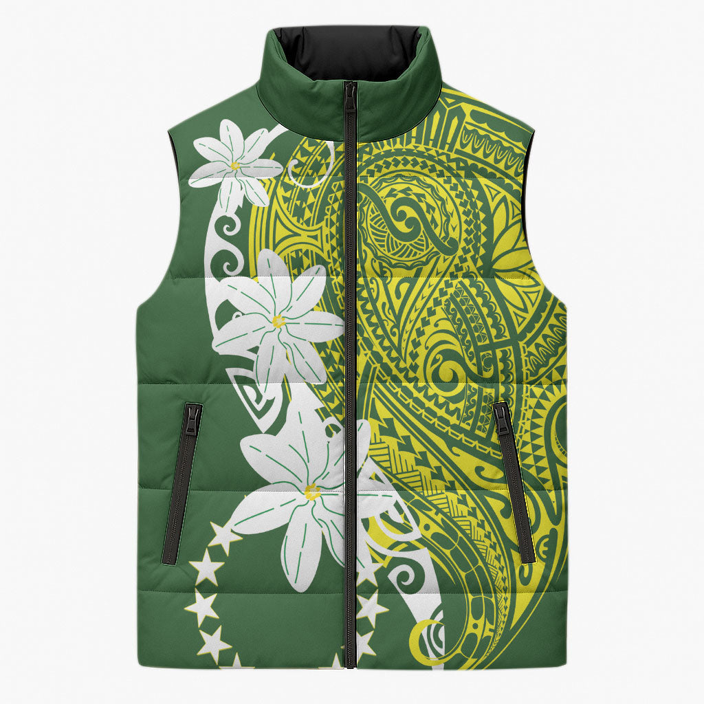 Cook Islands Maori Language Week Sleeveless Puffer Jacket Tiare Maori Kuki Airani Green Pattern LT22 Unisex Green - Polynesian Pride