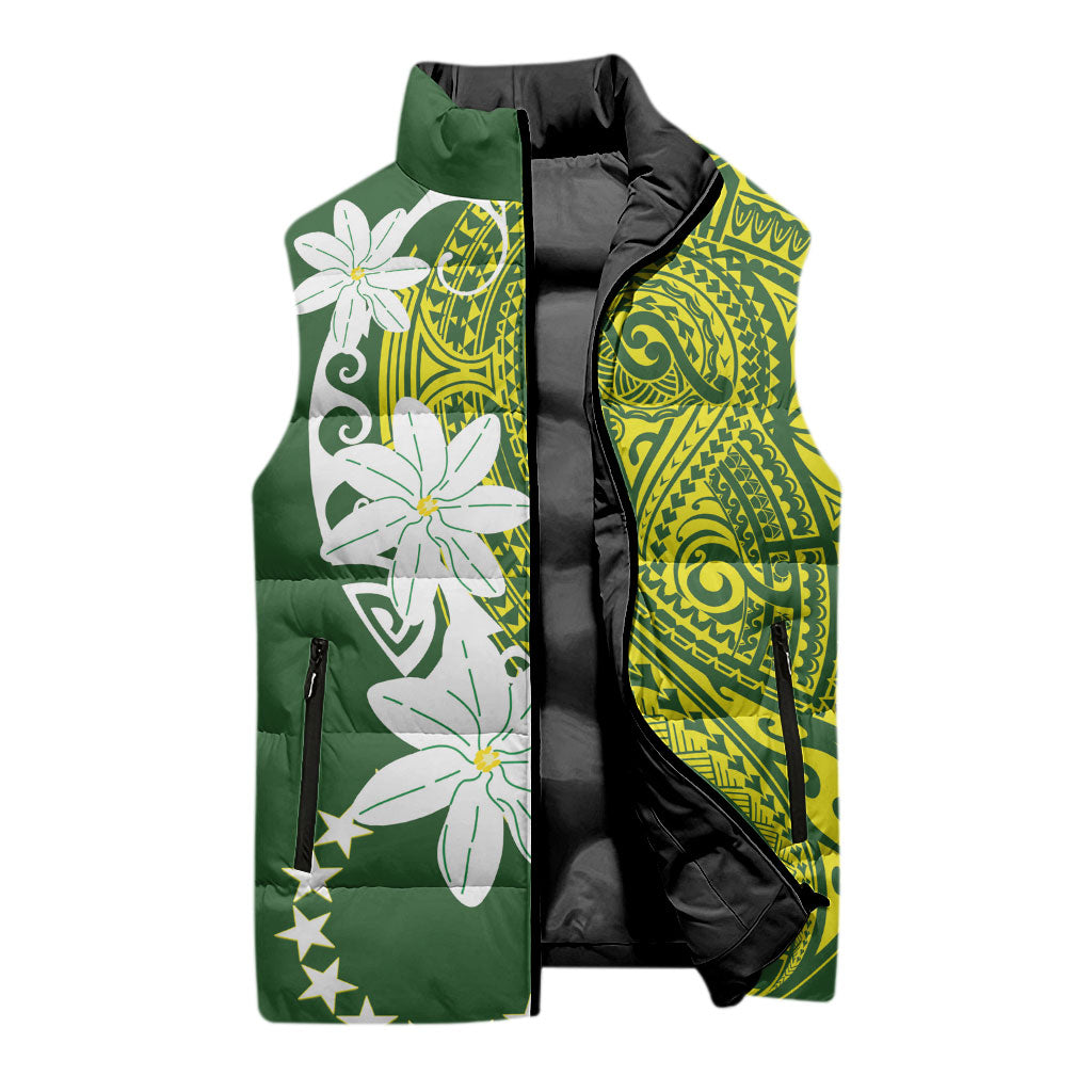 Cook Islands Maori Language Week Sleeveless Puffer Jacket Tiare Maori Kuki Airani Green Pattern LT22 - Polynesian Pride
