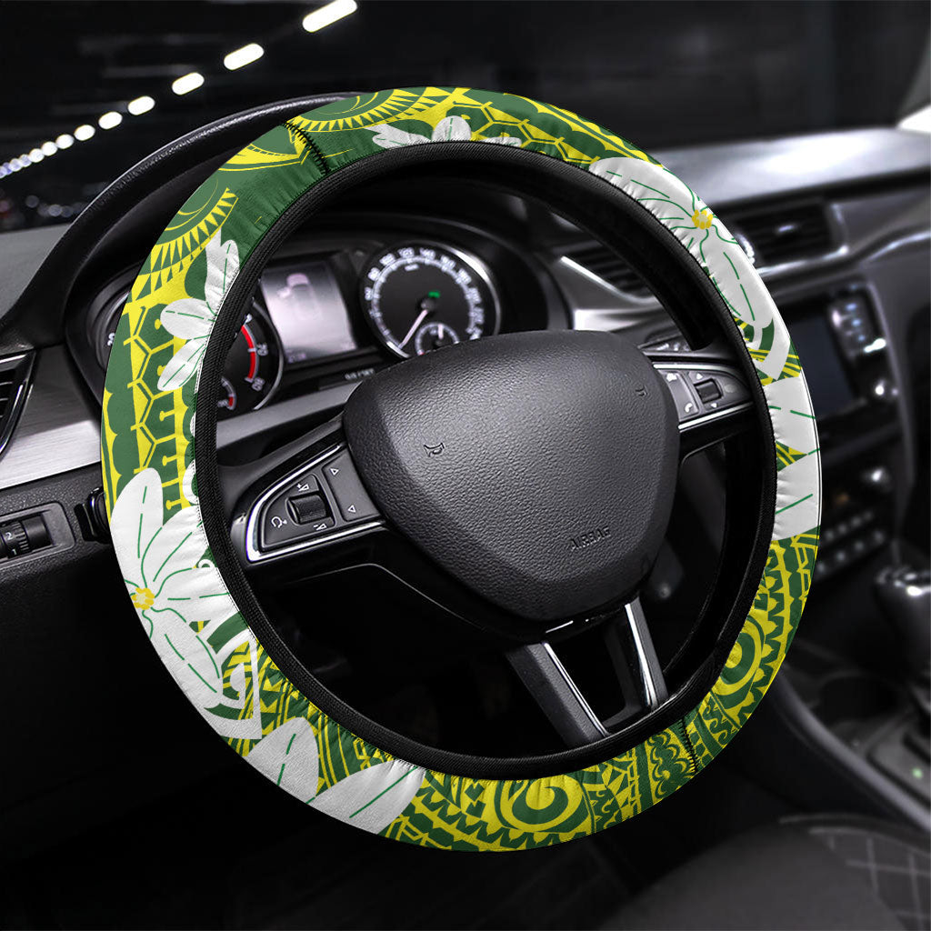 Cook Islands Maori Language Week Steering Wheel Cover Tiare Maori Kuki Airani Green Pattern LT22 Universal Fit Green - Polynesian Pride