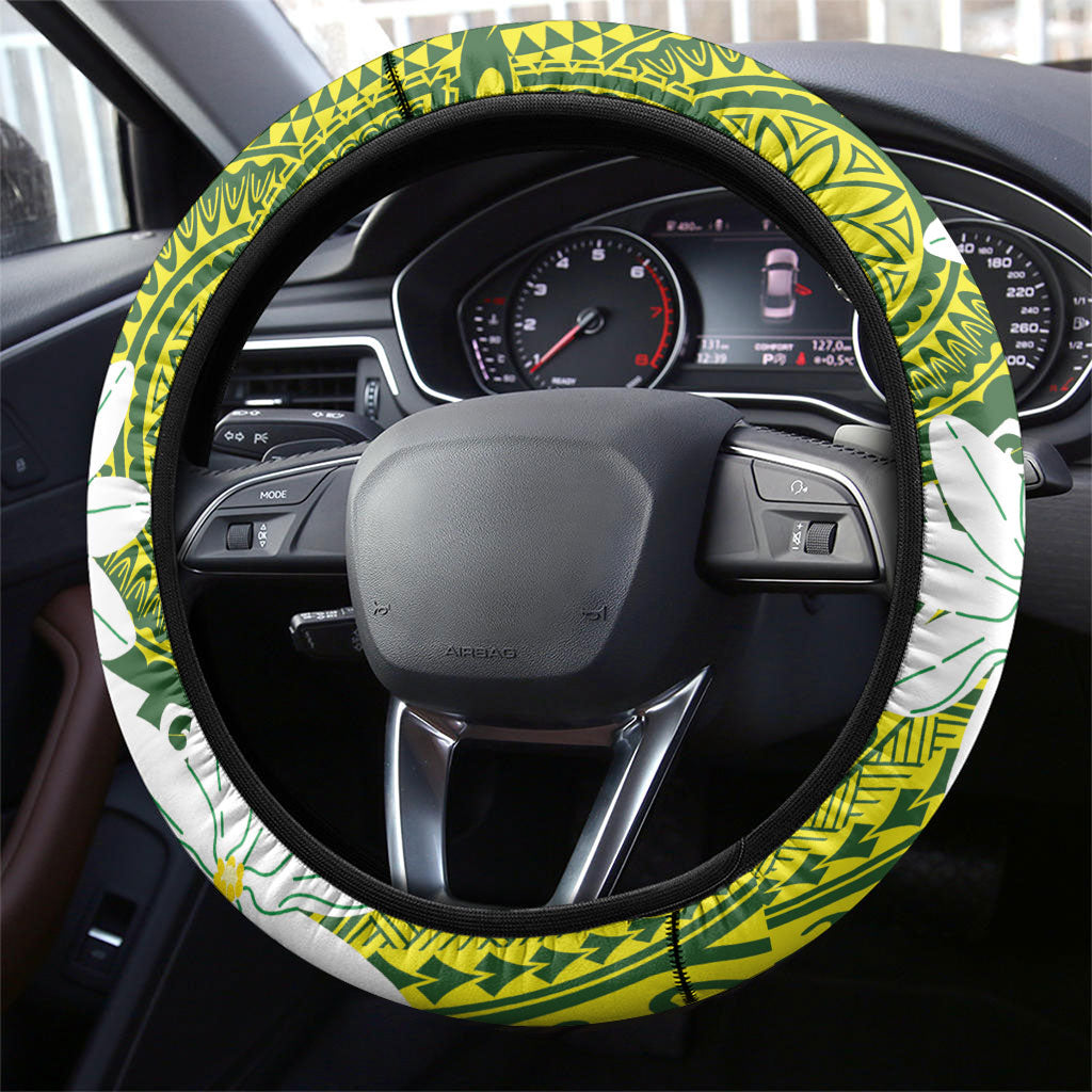 Cook Islands Maori Language Week Steering Wheel Cover Tiare Maori Kuki Airani Green Pattern LT22 - Polynesian Pride