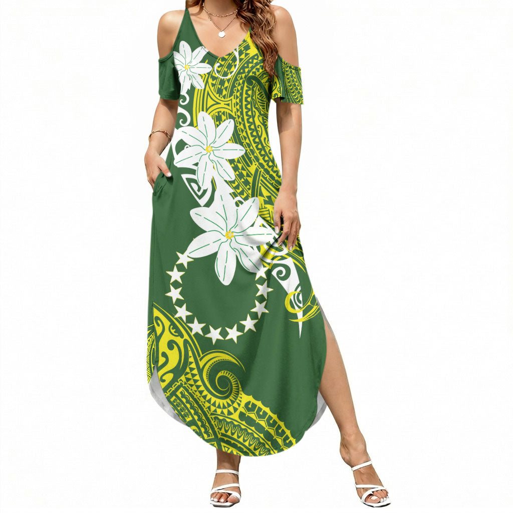 Cook Islands Maori Language Week Summer Maxi Dress Tiare Maori Kuki Airani Green Pattern LT22 Women Green - Polynesian Pride