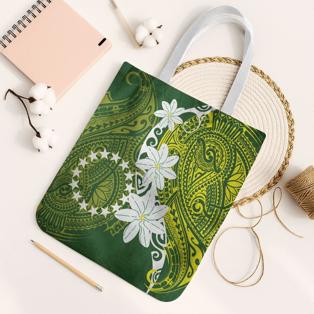 Cook Islands Maori Language Week Tote Bag Tiare Maori Kuki Airani Green Pattern LT22 White Strap One Size Green - Polynesian Pride