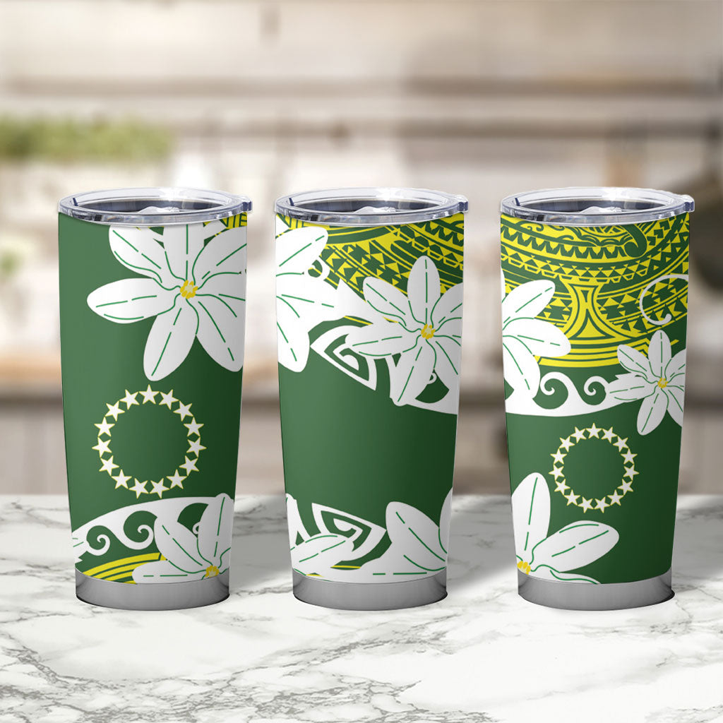 Cook Islands Maori Language Week Tumbler Cup Tiare Maori Kuki Airani Green Pattern LT22 - Polynesian Pride