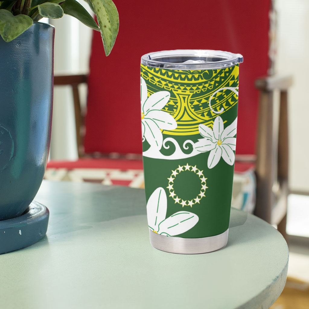 Cook Islands Maori Language Week Tumbler Cup Tiare Maori Kuki Airani Green Pattern LT22 - Polynesian Pride