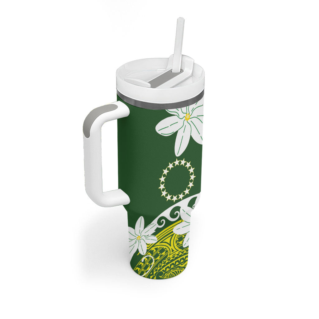 Cook Islands Maori Language Week Tumbler With Handle Tiare Maori Kuki Airani Green Pattern LT22 - Polynesian Pride