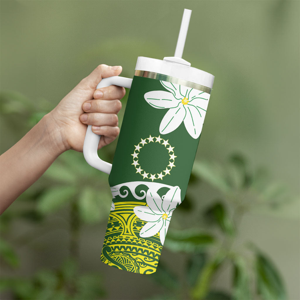 Cook Islands Maori Language Week Tumbler With Handle Tiare Maori Kuki Airani Green Pattern LT22 - Polynesian Pride