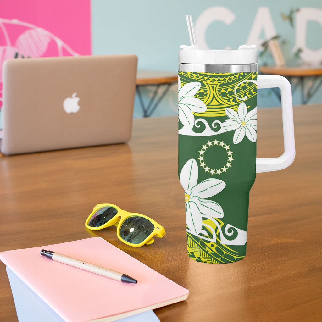 Cook Islands Maori Language Week Tumbler With Handle Tiare Maori Kuki Airani Green Pattern LT22 - Polynesian Pride