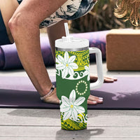Cook Islands Maori Language Week Tumbler With Handle Tiare Maori Kuki Airani Green Pattern LT22 - Polynesian Pride