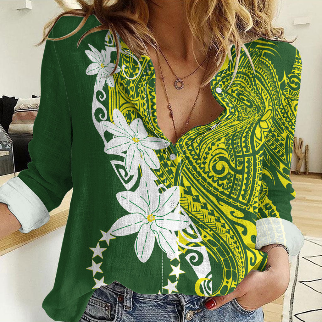 Cook Islands Maori Language Week Women Casual Shirt Tiare Maori Kuki Airani Green Pattern LT22 Female Green - Polynesian Pride