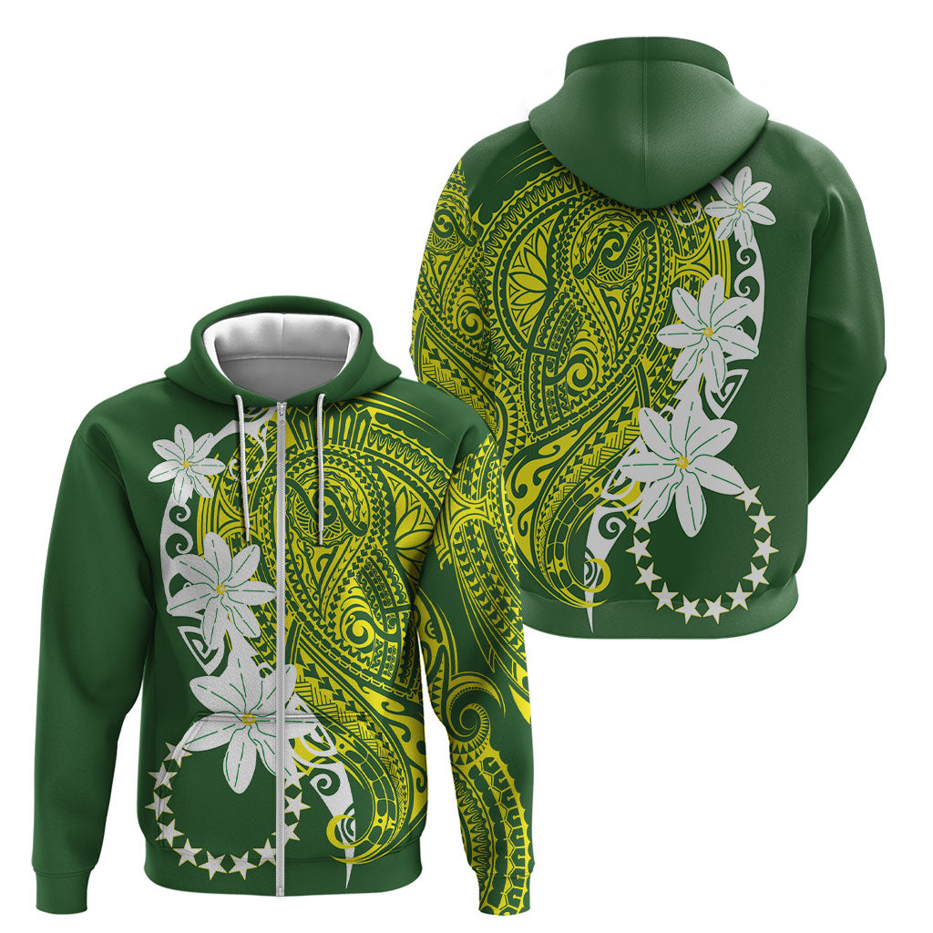 Cook Islands Maori Language Week Zip Hoodie Tiare Maori Kuki Airani Green Pattern LT22 - Polynesian Pride