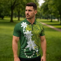 Cook Islands Maori Language Week Zipper Polo Shirt Tiare Maori Kuki Airani Green Pattern LT22 - Polynesian Pride