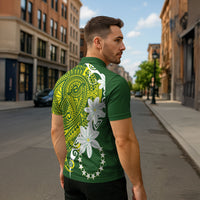 Cook Islands Maori Language Week Zipper Polo Shirt Tiare Maori Kuki Airani Green Pattern LT22 - Polynesian Pride