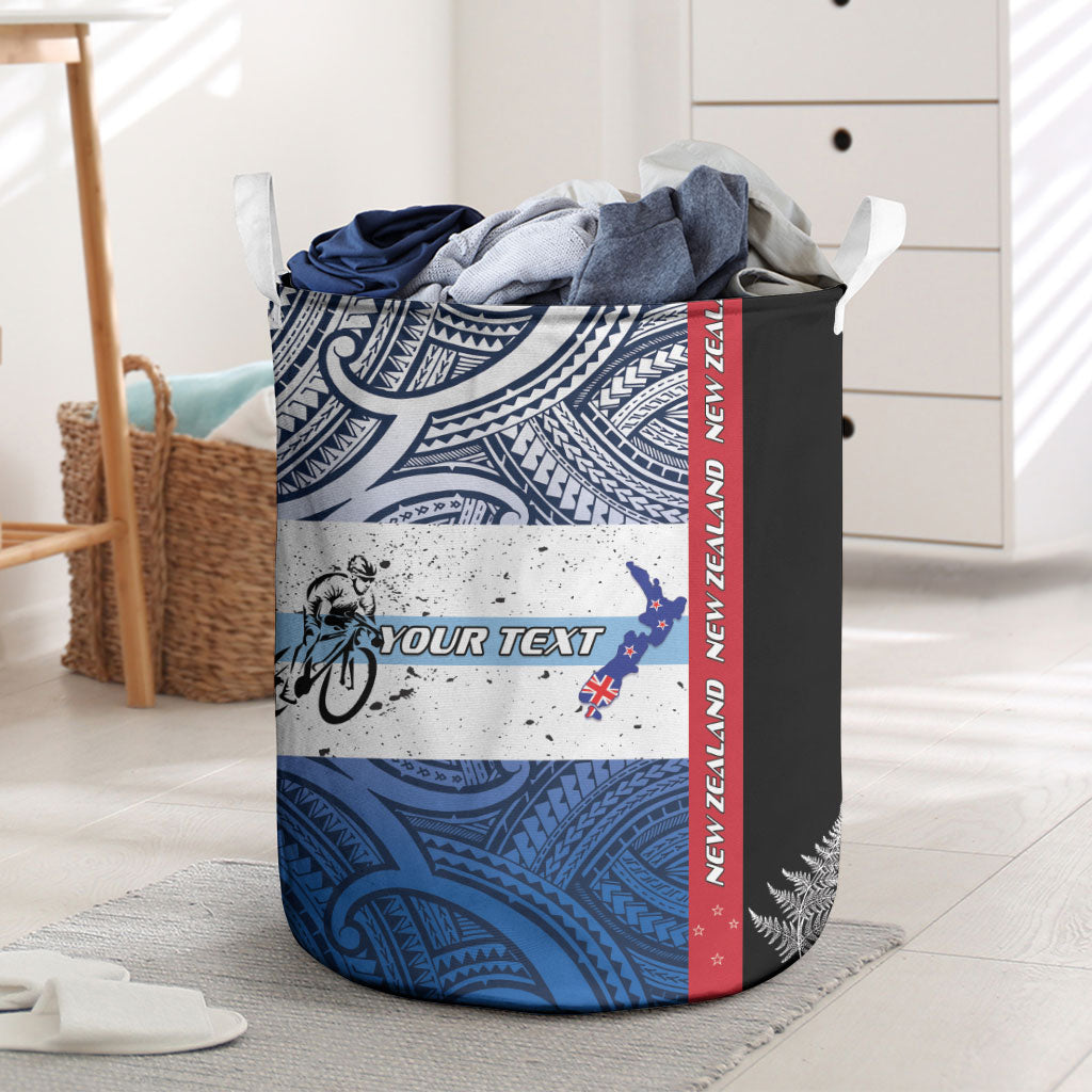 Personalised Cycling New Zealand Laundry Basket Aotearoa Map Fern Maori Pattern