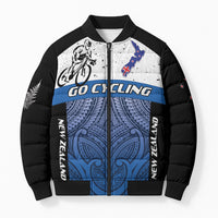 Personalised Cycling New Zealand Bomber Puffer Jacket Aotearoa Map Fern Maori Pattern