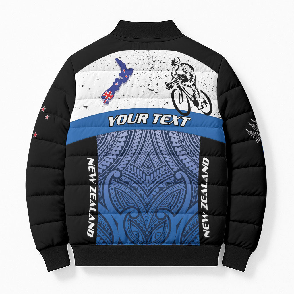 Personalised Cycling New Zealand Bomber Puffer Jacket Aotearoa Map Fern Maori Pattern