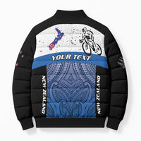 Personalised Cycling New Zealand Bomber Puffer Jacket Aotearoa Map Fern Maori Pattern
