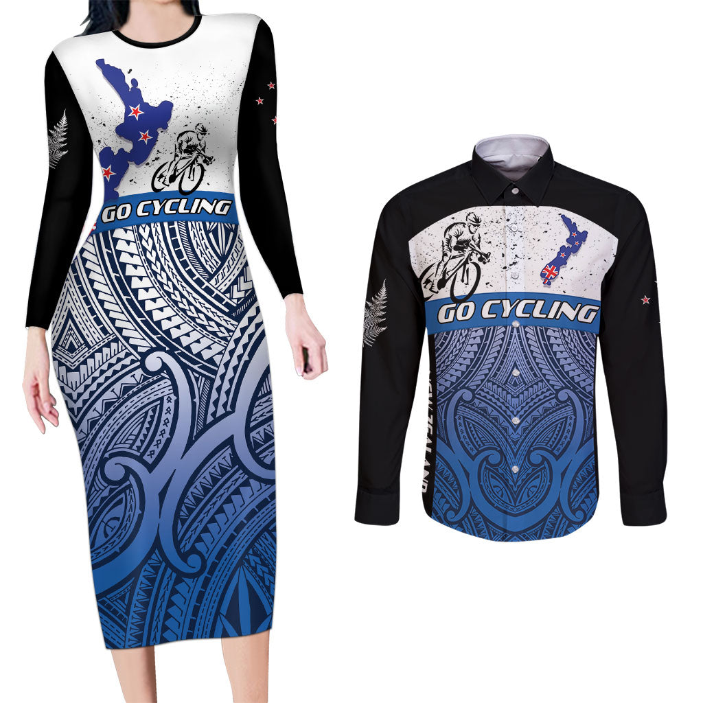 Personalised Cycling New Zealand Couples Matching Long Sleeve Bodycon Dress and Long Sleeve Button Shirt Aotearoa Map Fern Maori Pattern LT22 Blue - Polynesian Pride