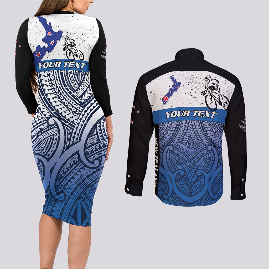 Personalised Cycling New Zealand Couples Matching Long Sleeve Bodycon Dress and Long Sleeve Button Shirt Aotearoa Map Fern Maori Pattern LT22 - Polynesian Pride